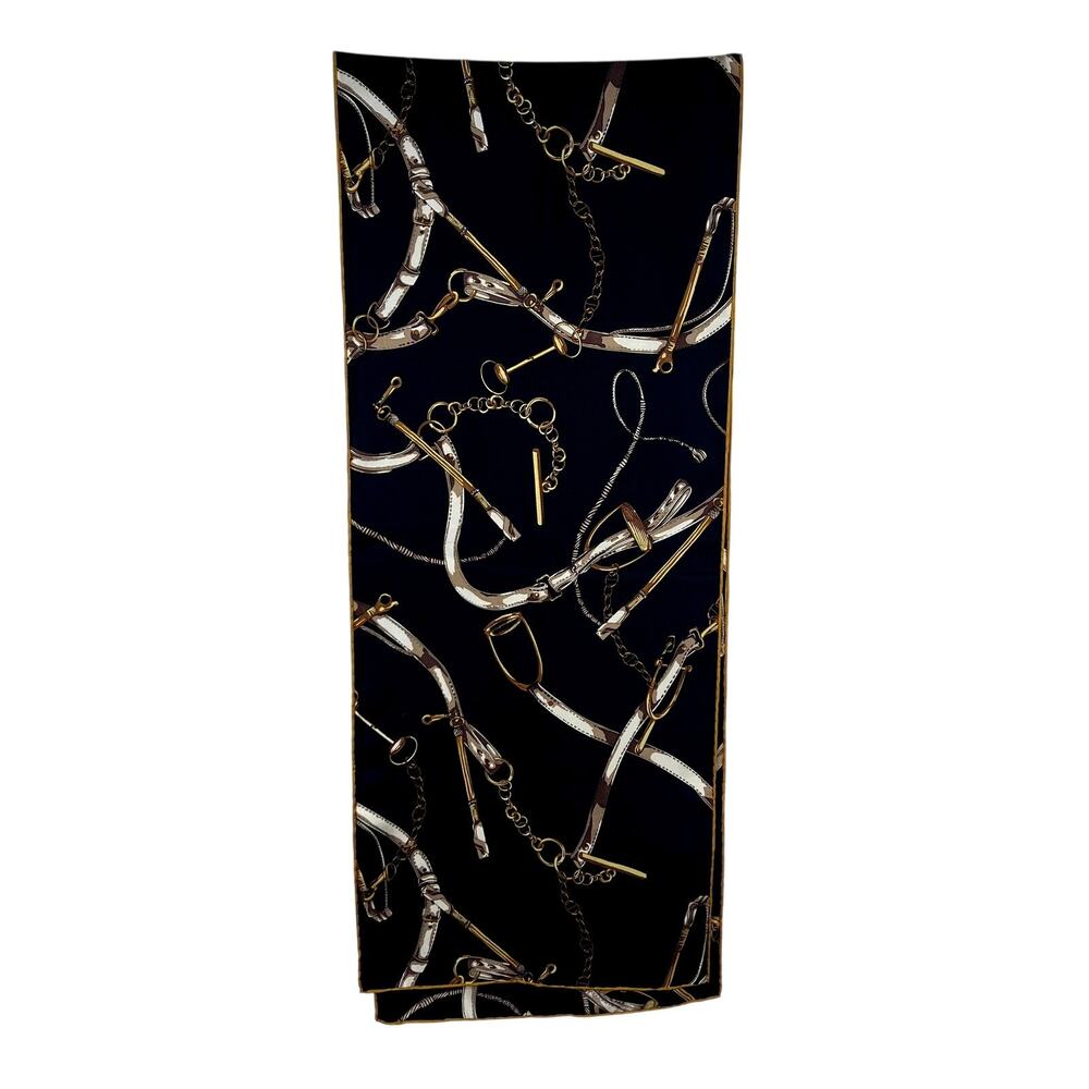 Vintage Silk Rectangle Scarf Equestrian Horse Horsebit Reins Printed Print Black